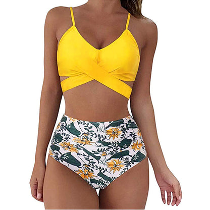 Ladies Split Solid Color Swimsuit yellow green white