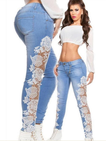 Lace Detail Sheer Stitching Jeans - - Women's Fashion - Women's Clothing - Bottoms - Jeans