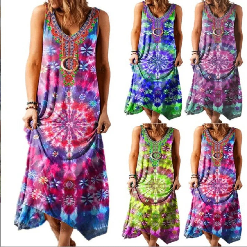 Vintage Mandala Printed Tie-Dye Floral Long Maxi Dress Style