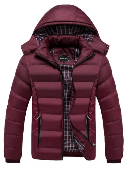 Men's Plus Size Warm Padded Hooded Puffer Jacket - Wine Red -