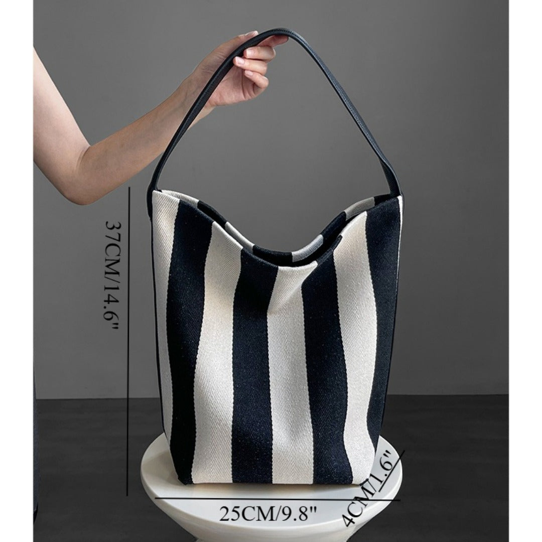 Striped Canvas Bag Large Capacity – Stylish Tote Bag, Versatile Shoulder & Bucket Bag - Black and white striped bucket bag -