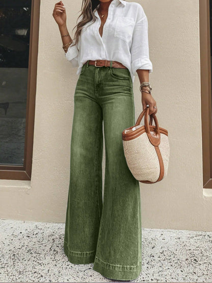 Vintage Washed High Waist Wide Leg Jeans - - Jeans