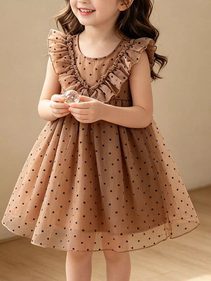 Children's Polka Dot Ruffle Dress - Caramel -