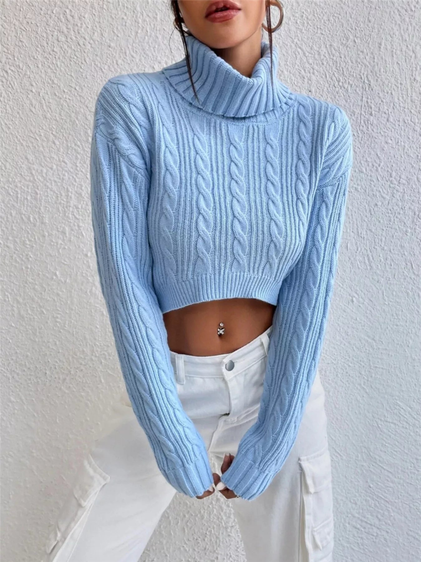 Cable-Knit Turtleneck Long Sleeve Sweater - Light Blue -