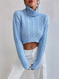 Cable-Knit Turtleneck Long Sleeve Sweater - Light Blue -