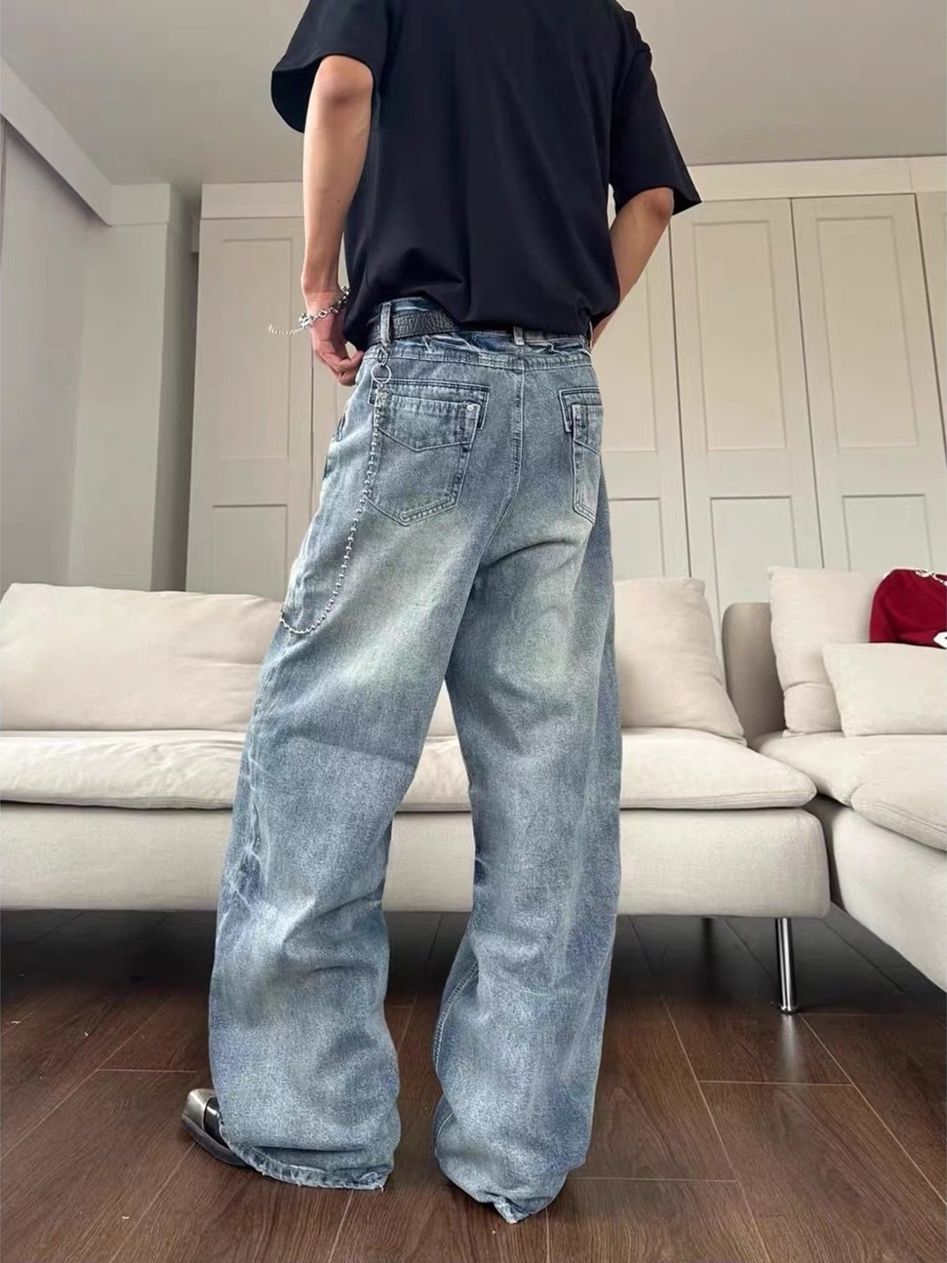 Men's Vintage Wash Wide Leg Jeans - -