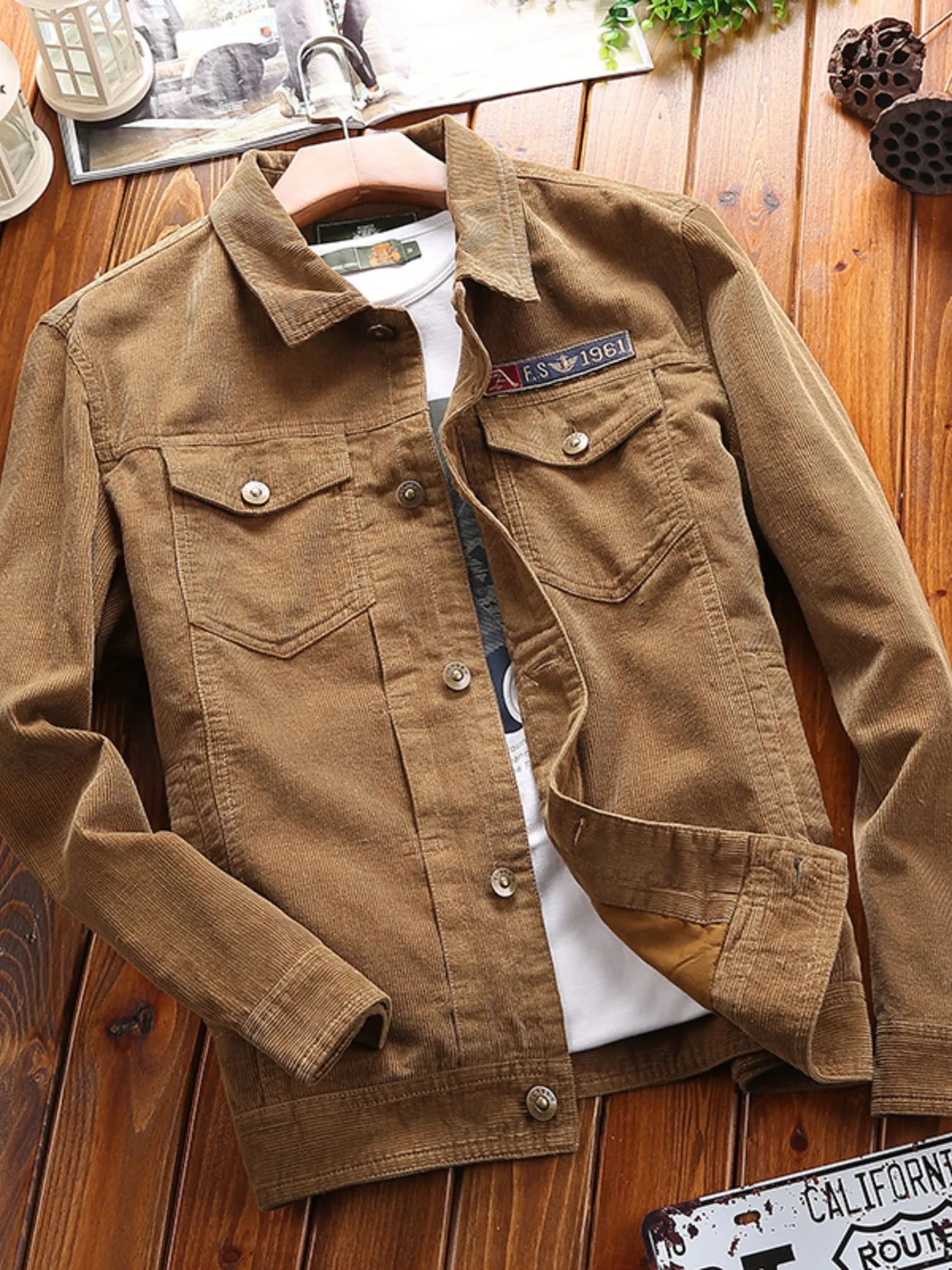 Men's Plus Size Button Up Long Sleeve Jacket - Khaki -