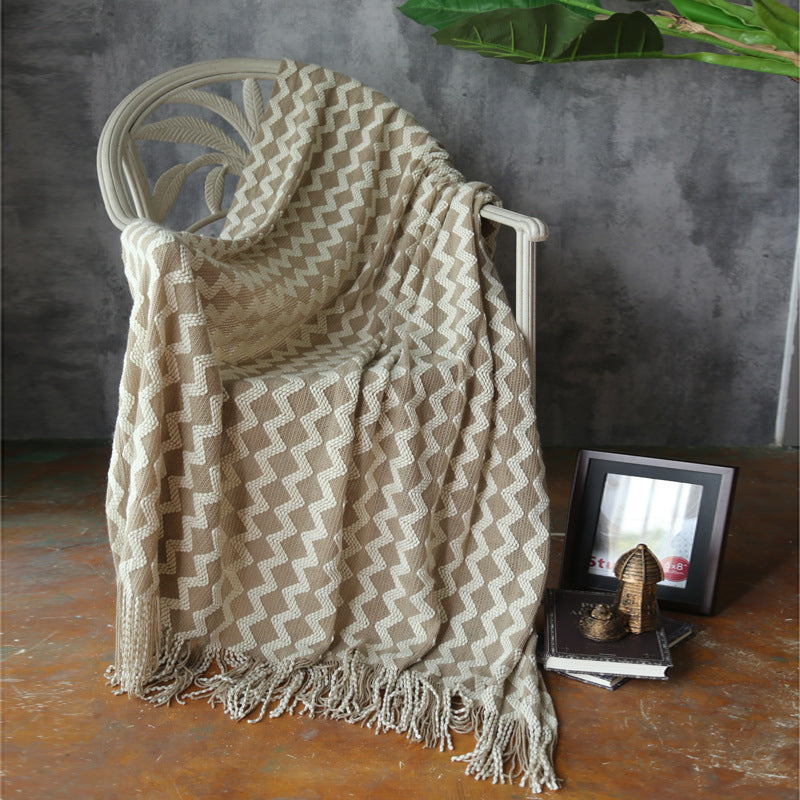 Geometric Knitted Chenille Throw Blanket - Khaki 120x230cm - Blankets