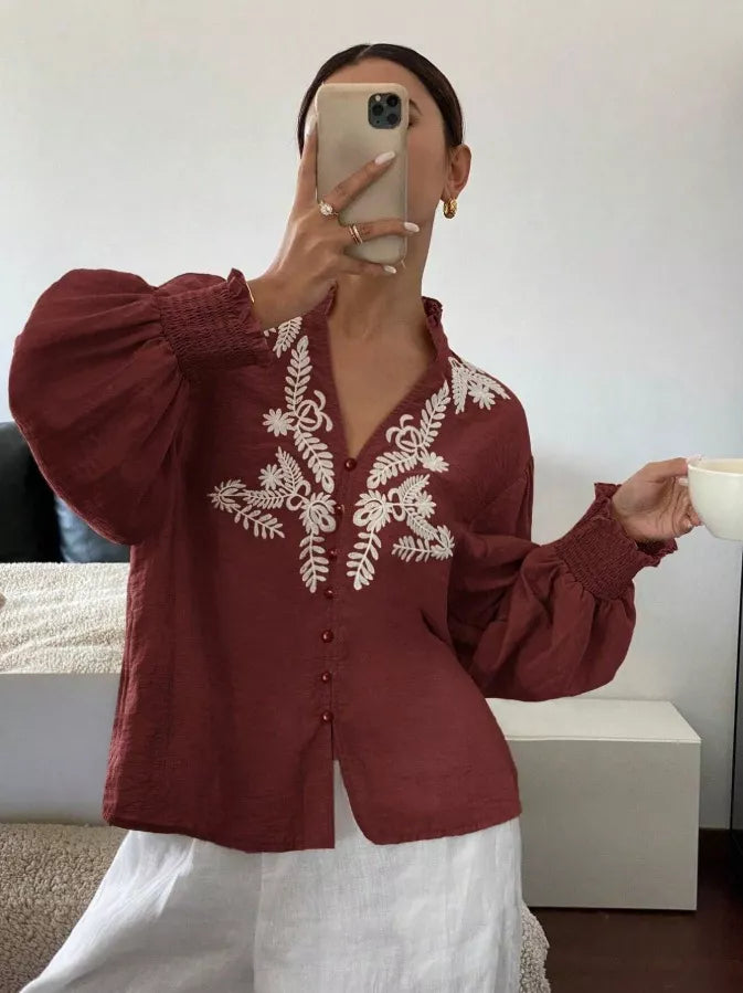 Embroidered Notched Long Sleeve Blouse - -