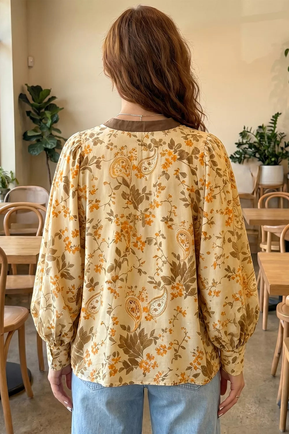Paisley Print Tie Neck Long Sleeve Shift Top - -