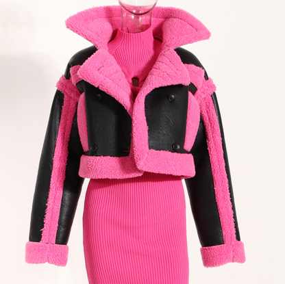 Pu Leather Ladies Fashion Woolen Coats