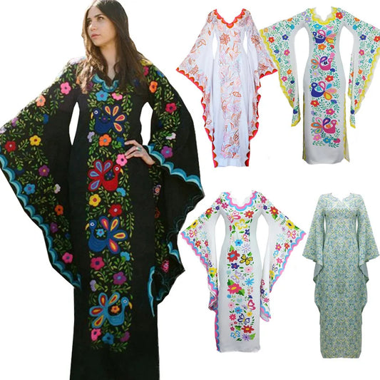 Long Sleeve Ladies O Neck Floral Maxi Casual Dress With Kimono Sleeve