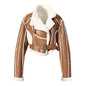 Thick Cropped Jacket Cotton Coat Leather Fur Lamb Wool Coat Brown