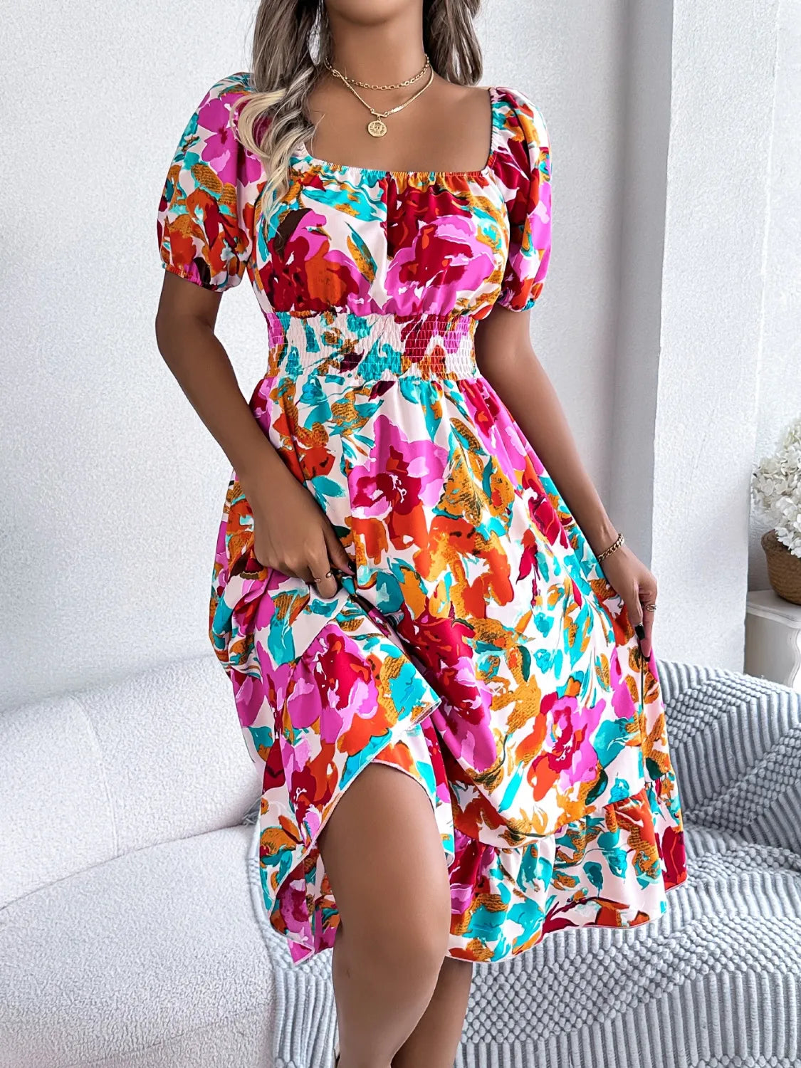 Ruffled Hem Smocked Floral Short Sleeve Midi Dress - -