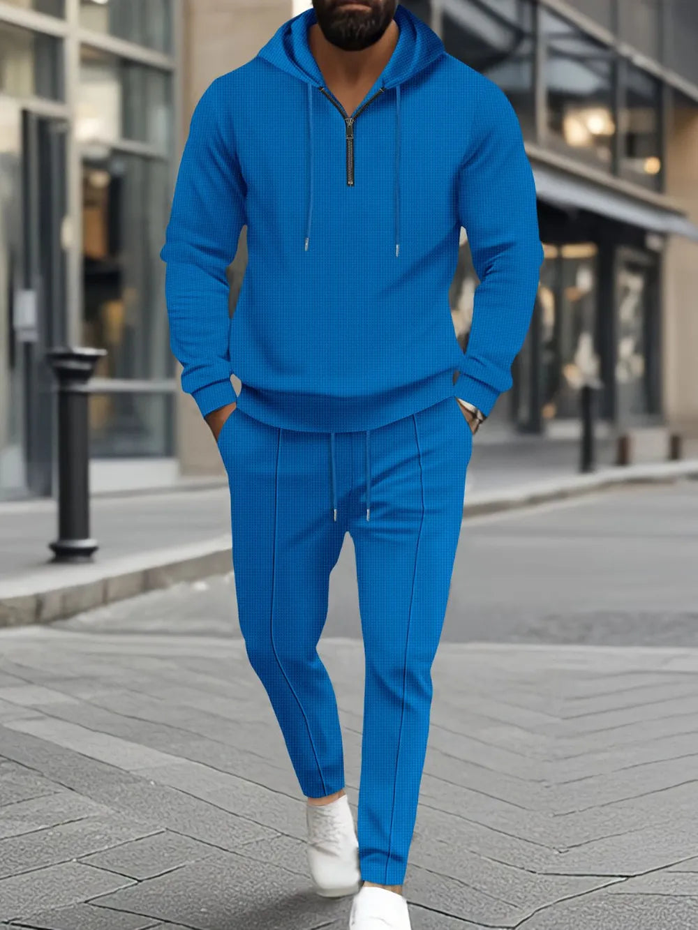 Men's Full Size Waffle-Knit Half Zipper Hoodie and Pants Set Plus Size - Blue -