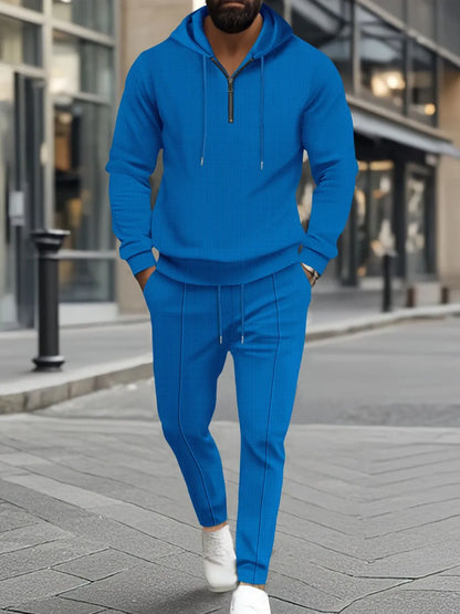 Men's Full Size Waffle-Knit Half Zipper Hoodie and Pants Set Plus Size - Blue -