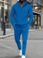 Men's Full Size Waffle-Knit Half Zipper Hoodie and Pants Set Plus Size - Blue -