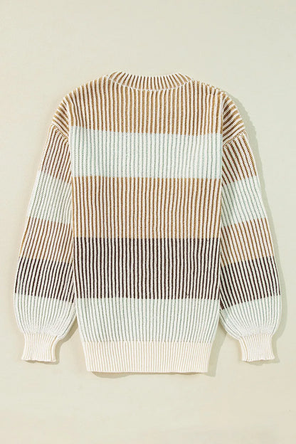 Striped Color Block Round Neck Long Sleeve Sweater - -