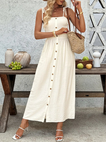 Smocked Button Front Tie Shoulder Dress - -