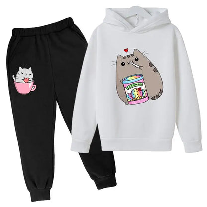 Cat Print Hoodie Clothing Sets black white