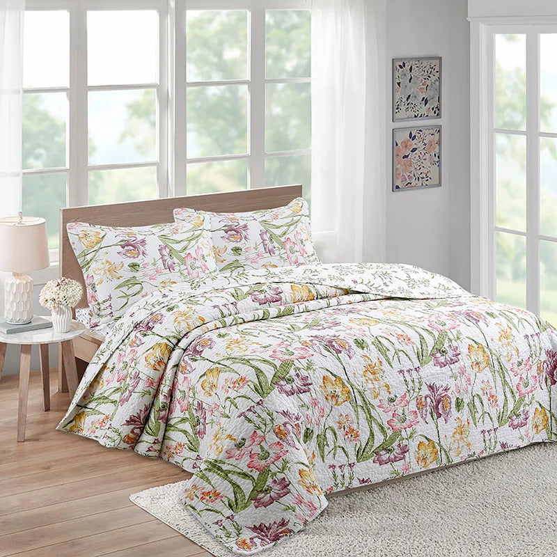 Plant Flower Plant Leaf Embroidered 3d Printed Patterns Quilted Bedspreads Set