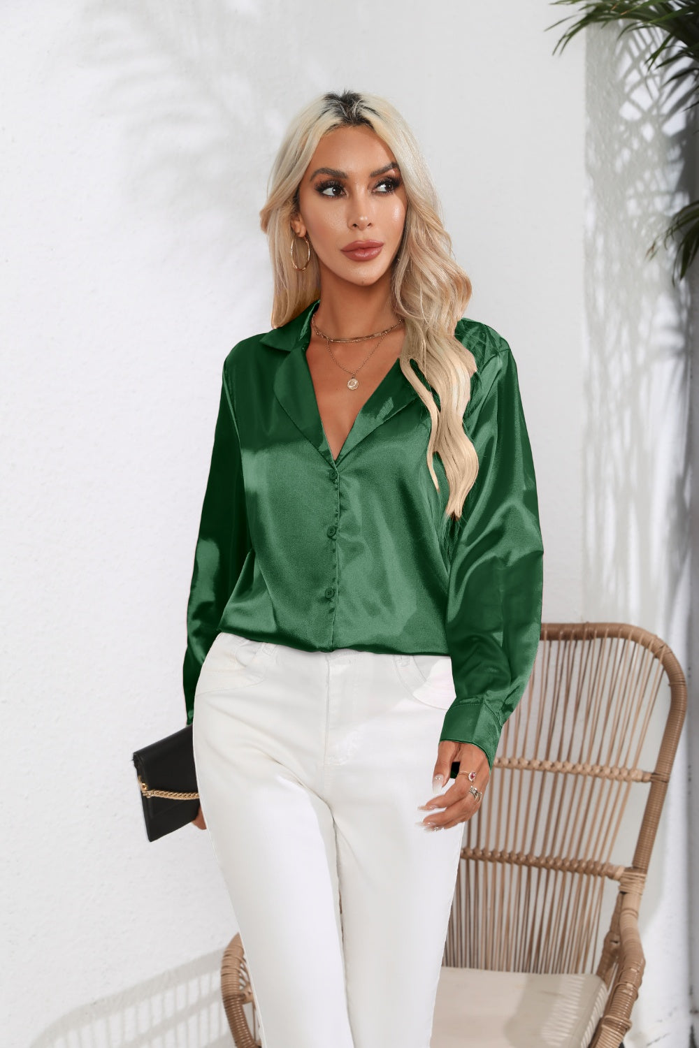 Lapel Collar Button Up Long Sleeve Shirt - Dark Green -