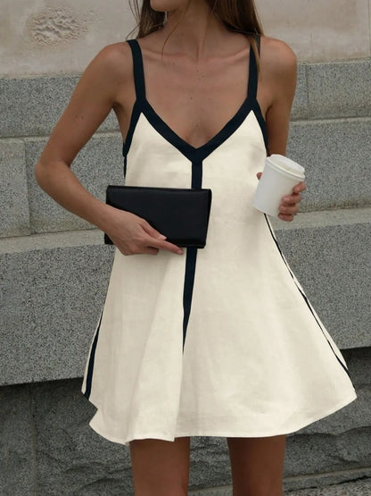 Contrast Trim V-Neck Mini Cami Dress - -