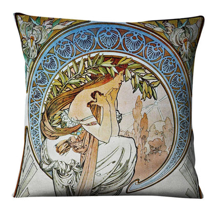 Vintage Art Nouveau Cushion Cover Linen Throw Cushion Pillow light blue green