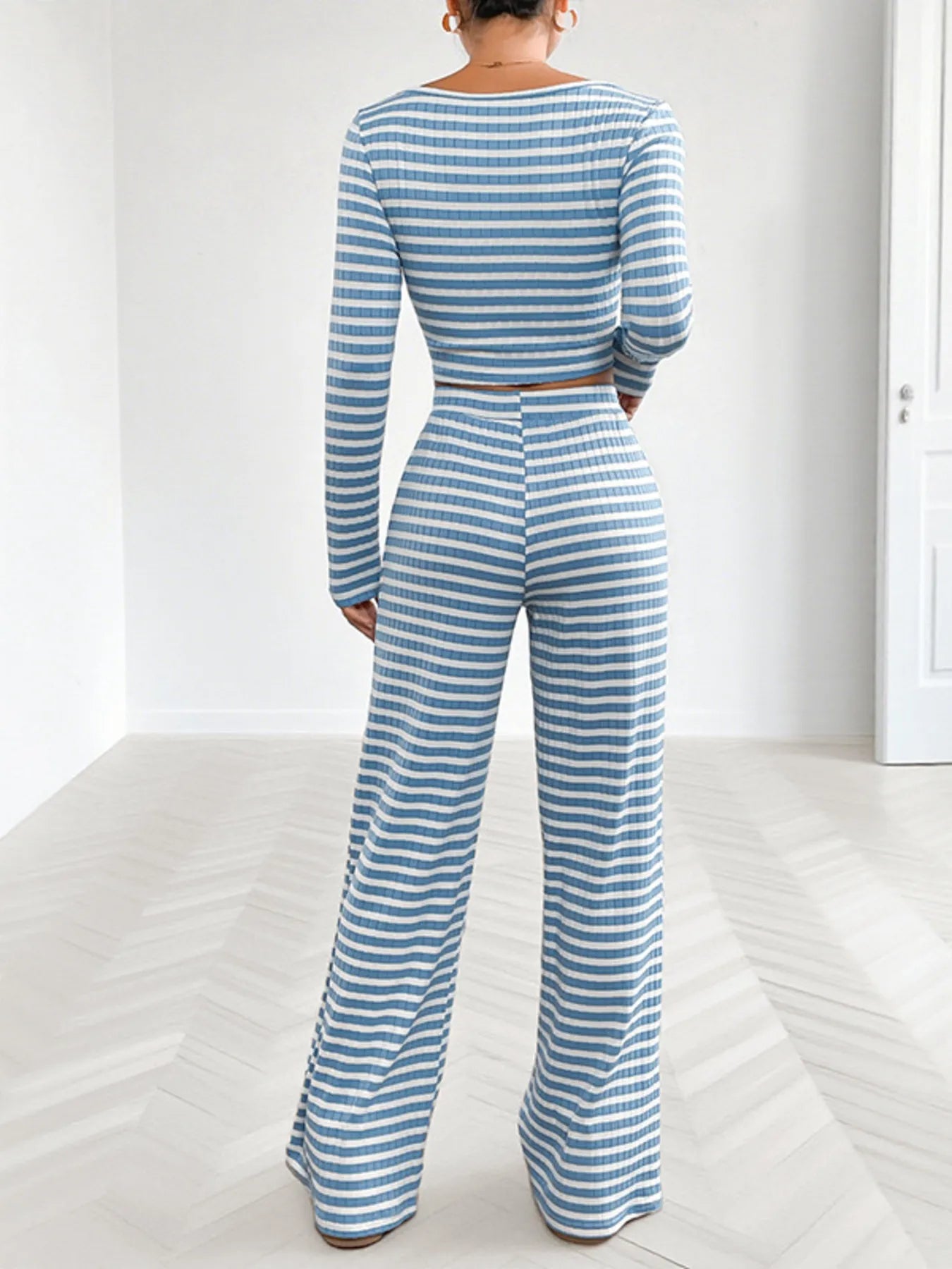 Striped Square Neck Long Sleeve Top and Pants Lounge Set- Shopimist- {{Product type}}