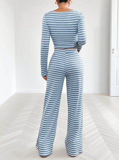 Striped Square Neck Long Sleeve Top and Pants Lounge Set- Shopimist- {{Product type}}