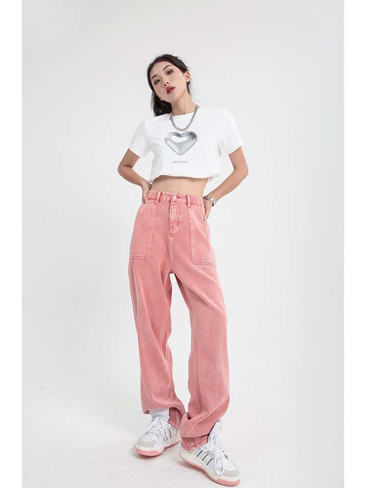 Retro Womens Wide Leg Straight Pants - Pink M - Women's Fashion - Women's Clothing - Bottoms - Jeans