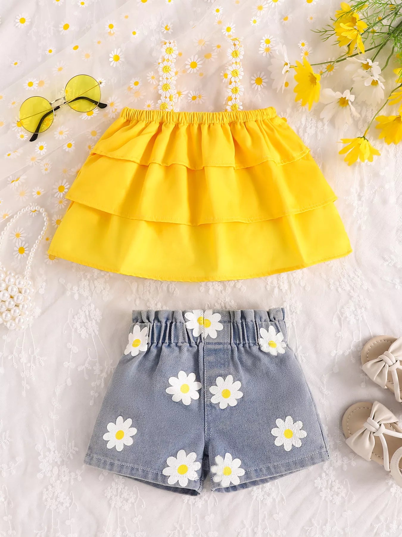 Children's Daisy Print Cami and Denim Shorts Set - Yellow -
