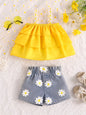 Children's Daisy Print Cami and Denim Shorts Set - Yellow -