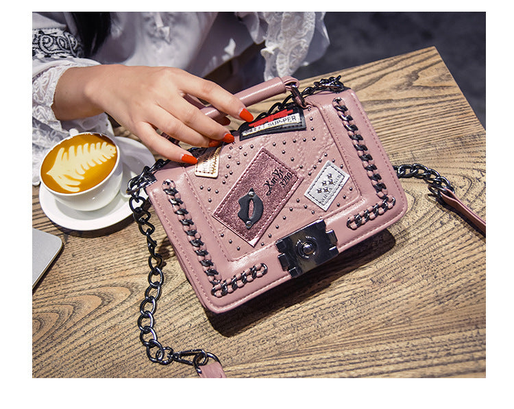 Badge Shoulder Bag Womens Tote with Chain - Pink purple - Purse