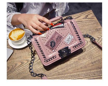 Badge Shoulder Bag Womens Tote with Chain - Pink purple - Purse