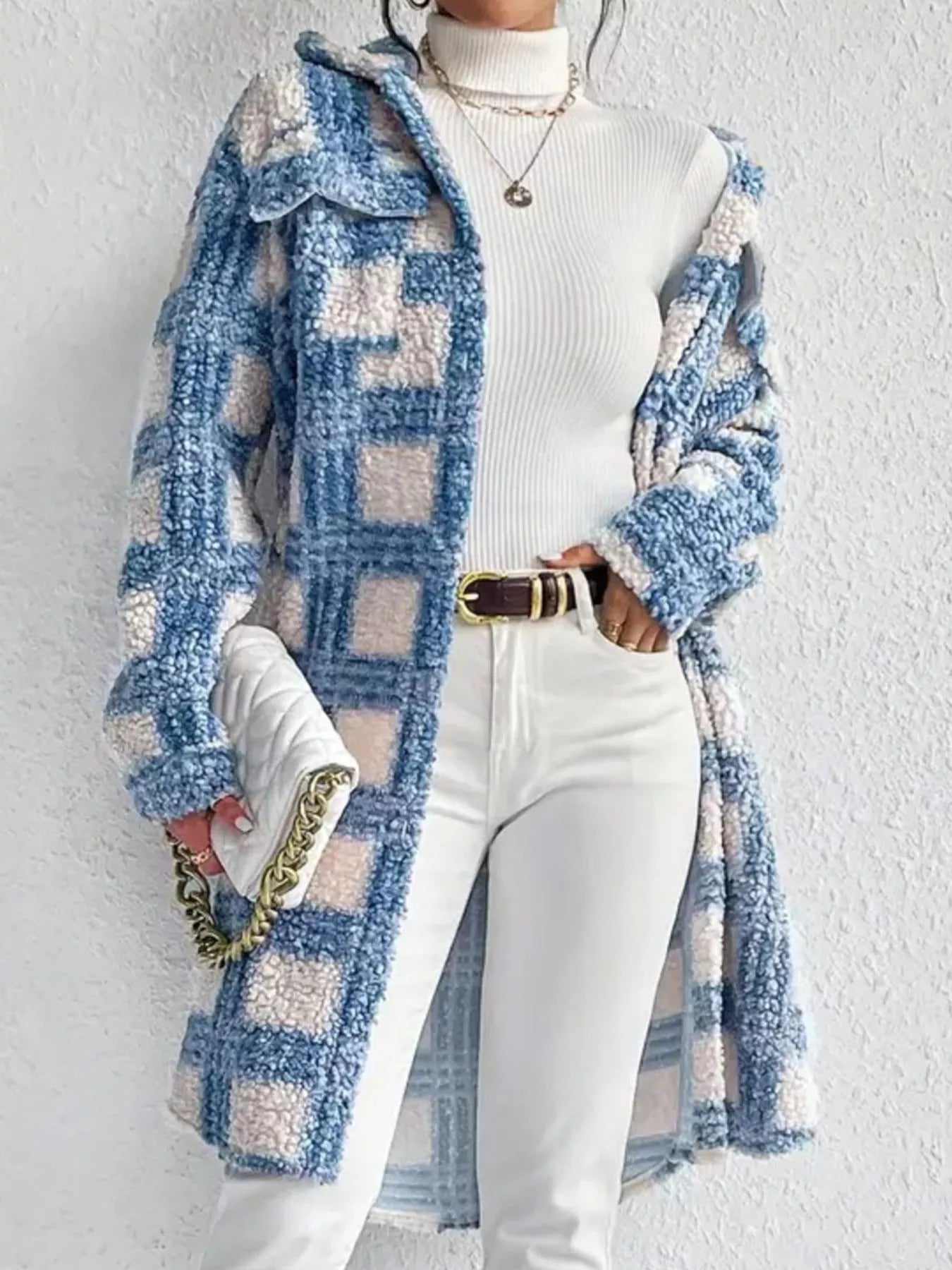 Plaid Button Up Long Sleeve Fleece Coat - Sky Blue -