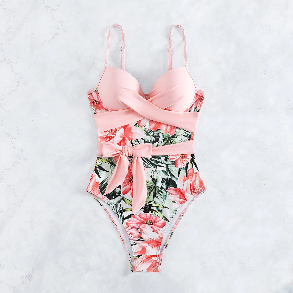 Bow Pink Color Tie Neck Women's Bikini