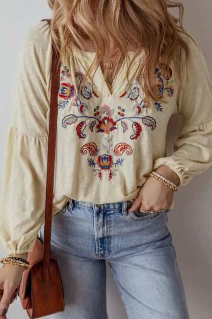 Embroidered Notched Long Sleeve Blouse - -