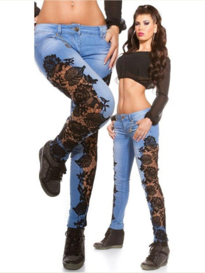 Lace Detail Sheer Stitching Jeans - black - Women's Fashion - Women's Clothing - Bottoms - Jeans