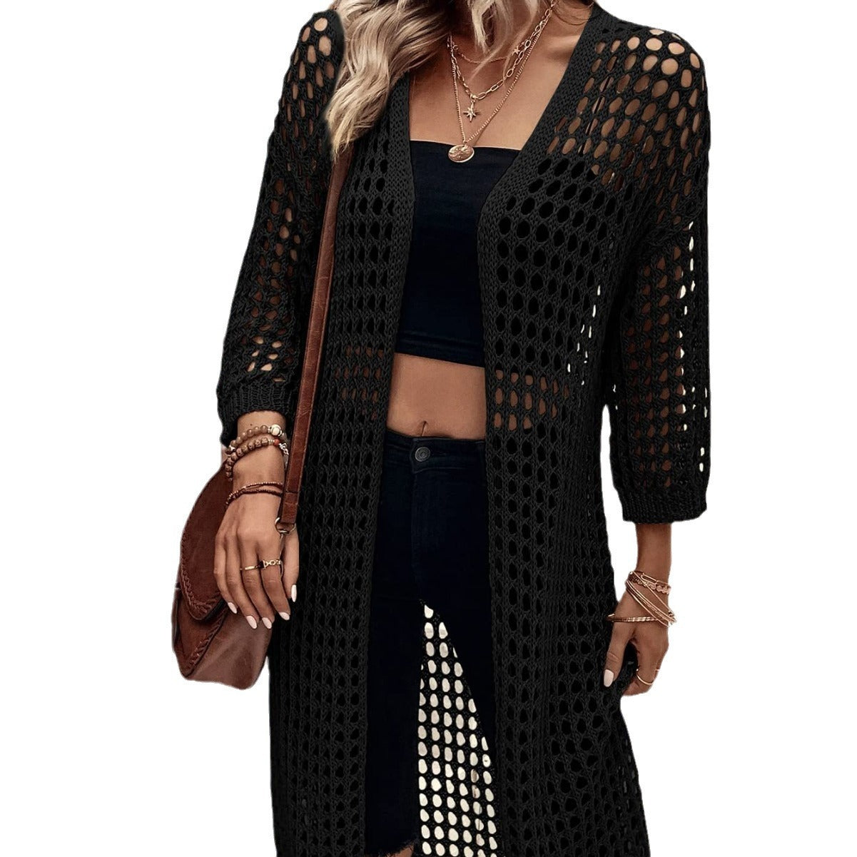 Hollow Knitted Long Cardigan Women - - 0