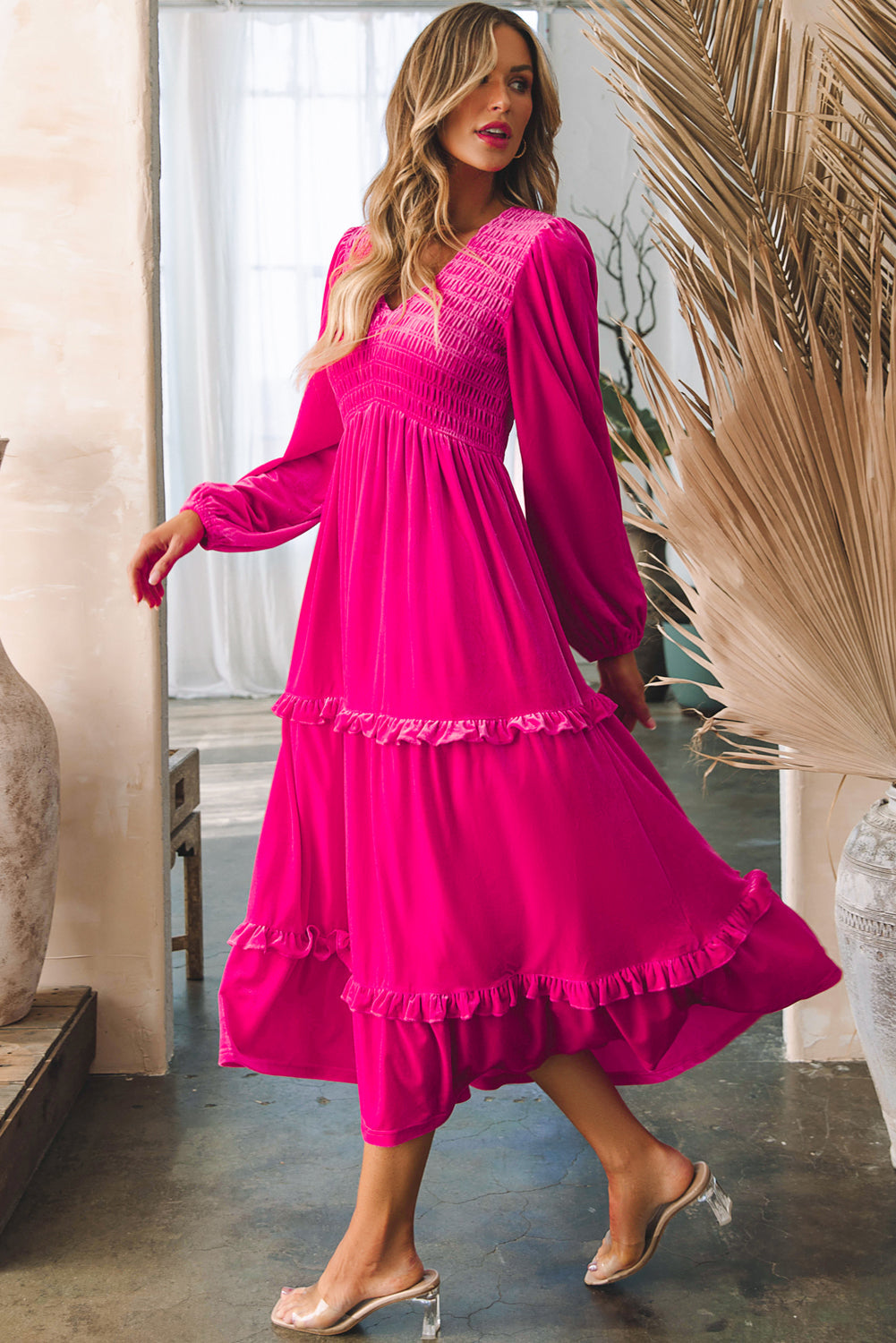 Rose Red Shirred V Neck Long Sleeve Velvet Dress - - Dresses/Maxi Dresses