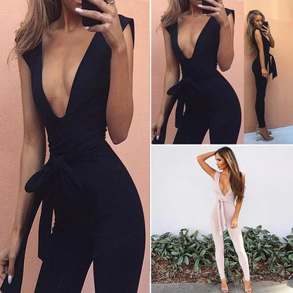 Deep Black V Fitted Sexy Jumpsuit