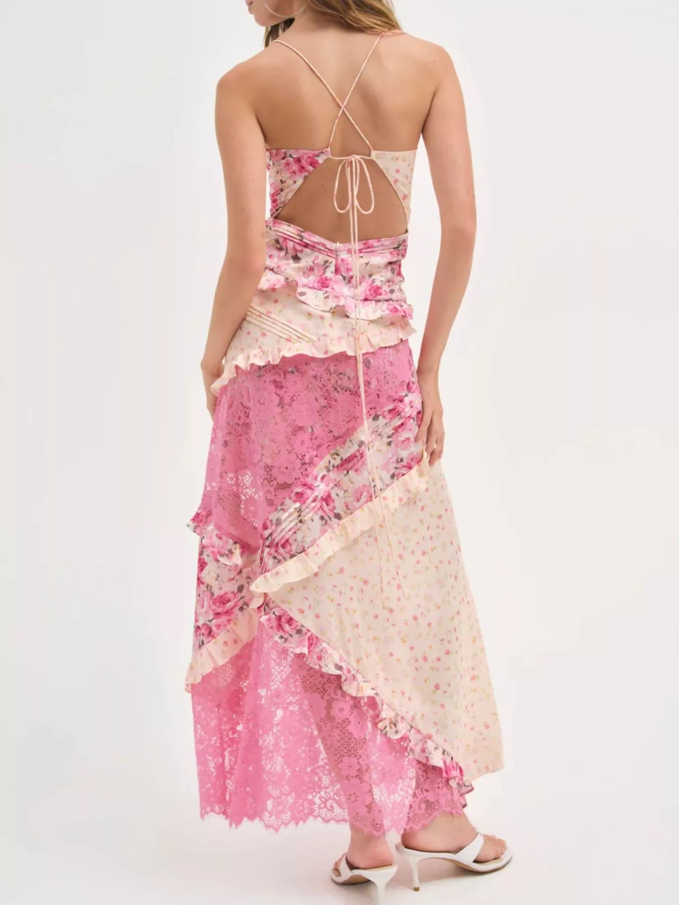 Lace Floral Print Ruffle Trim Maxi Dress - -