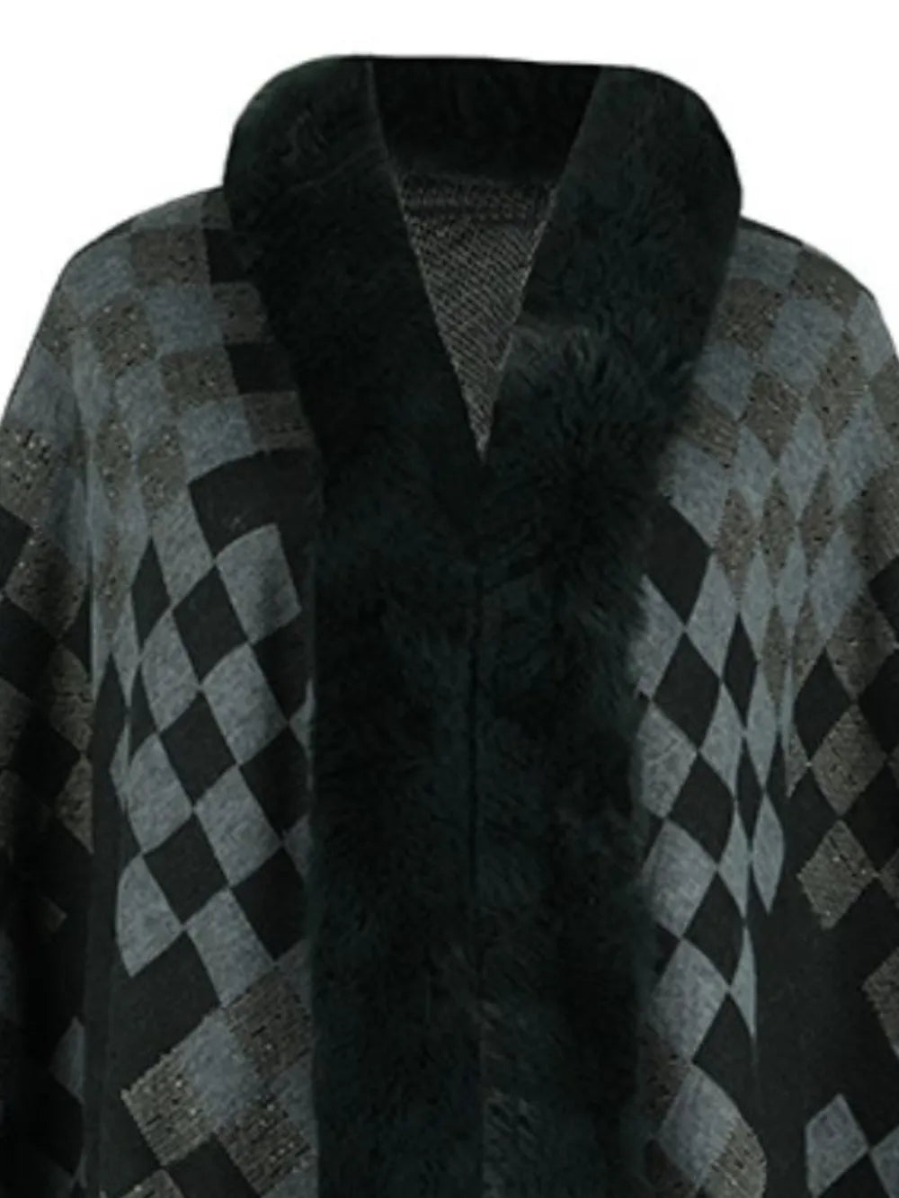 Fuzzy Checkered Long Sleeve Poncho - -
