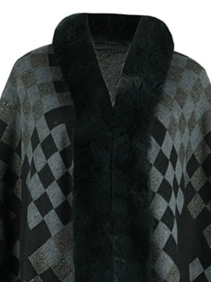 Fuzzy Checkered Long Sleeve Poncho - -