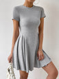 Round Neck Short Sleeve Mini Dress - Gray -