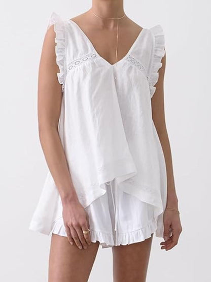 Ruffle Trim V-Neck Top and Shorts Set- Shopimist- {{Product type}}