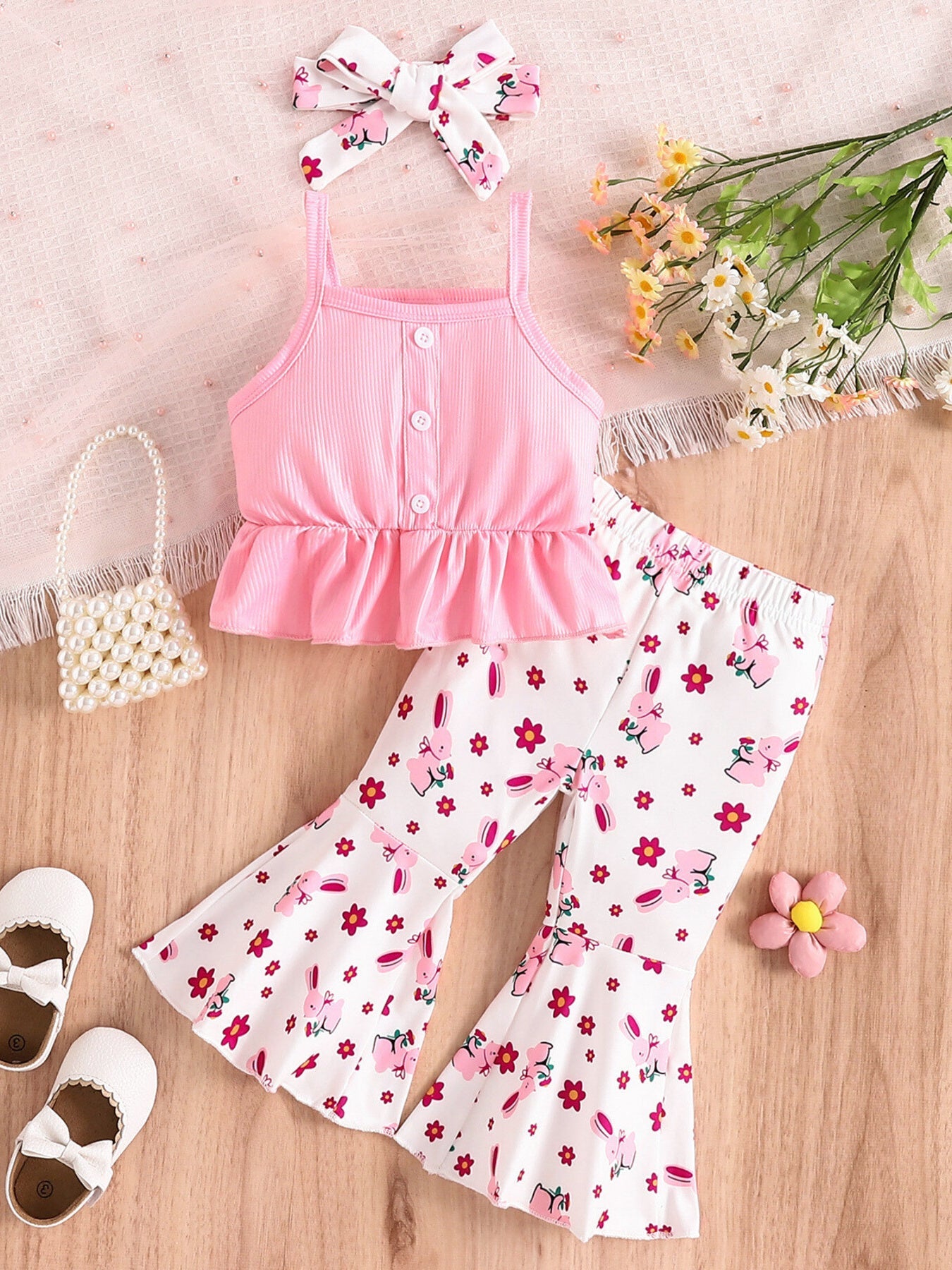 Children's Ruffle Hem Tank Top with Flare Pants and Headband Set- Shopimist- {{Product type}}