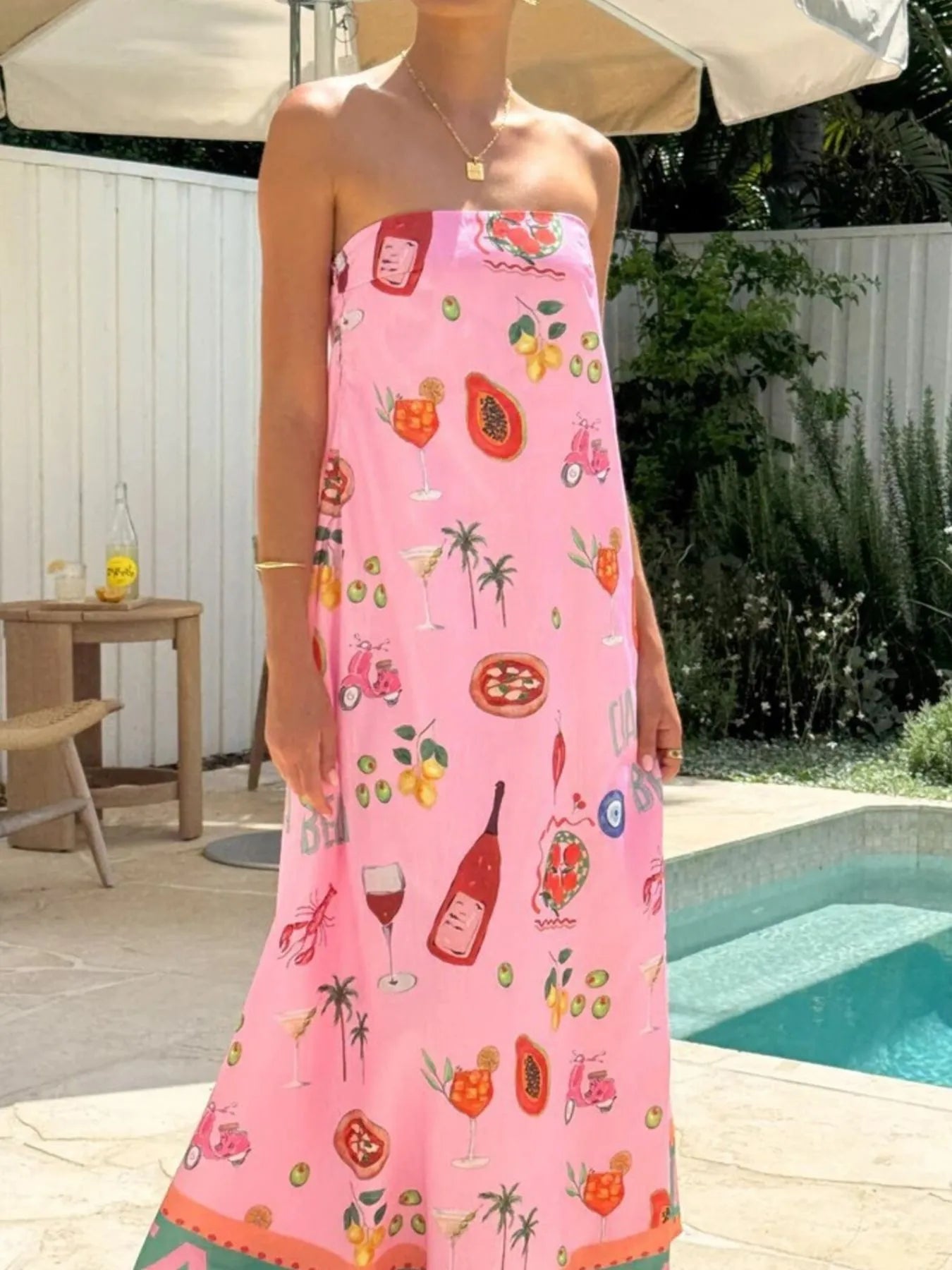 Printed Strapless Summer Maxi Dress - -