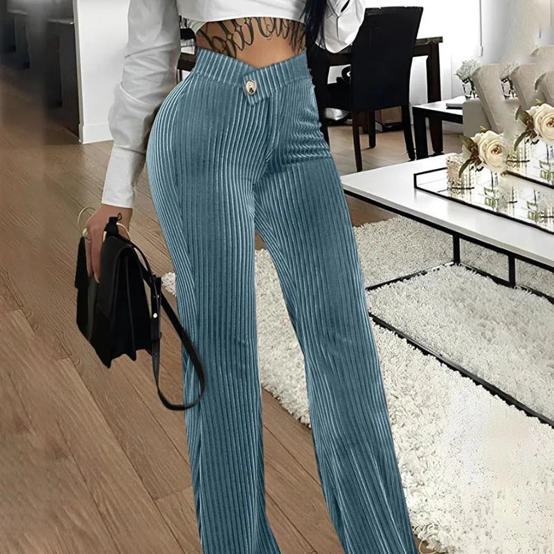 Women's Pants Overlap Waist Corduroy Plain High Waist Long Straight Legs Pants